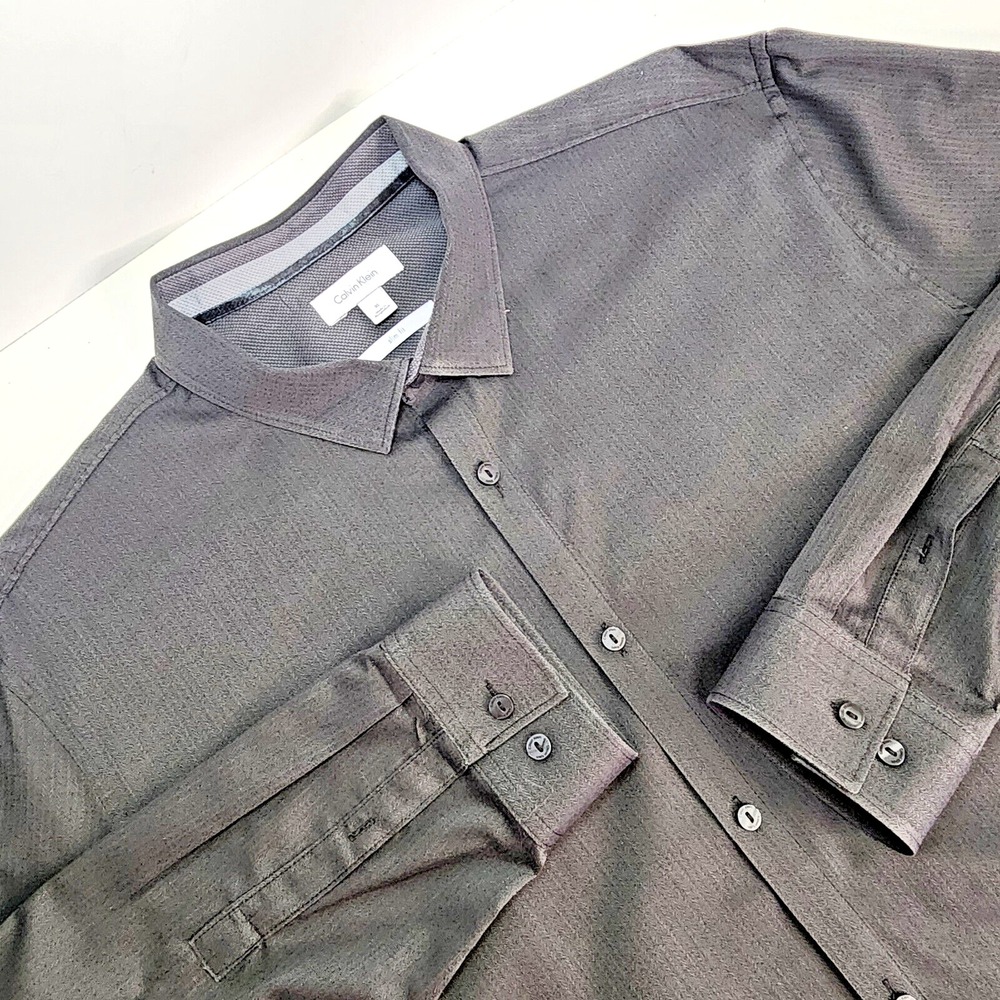 Calvin Klein Button Down Charcoal Grey Slim‎ Fit Textured Mens XL
